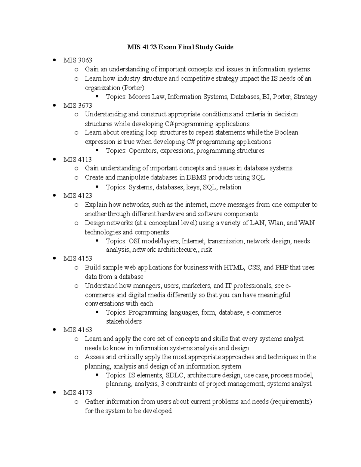 MIS 4173 Exam Final Study Guide - MIS 4173 Exam Final Study Guide MIS ...