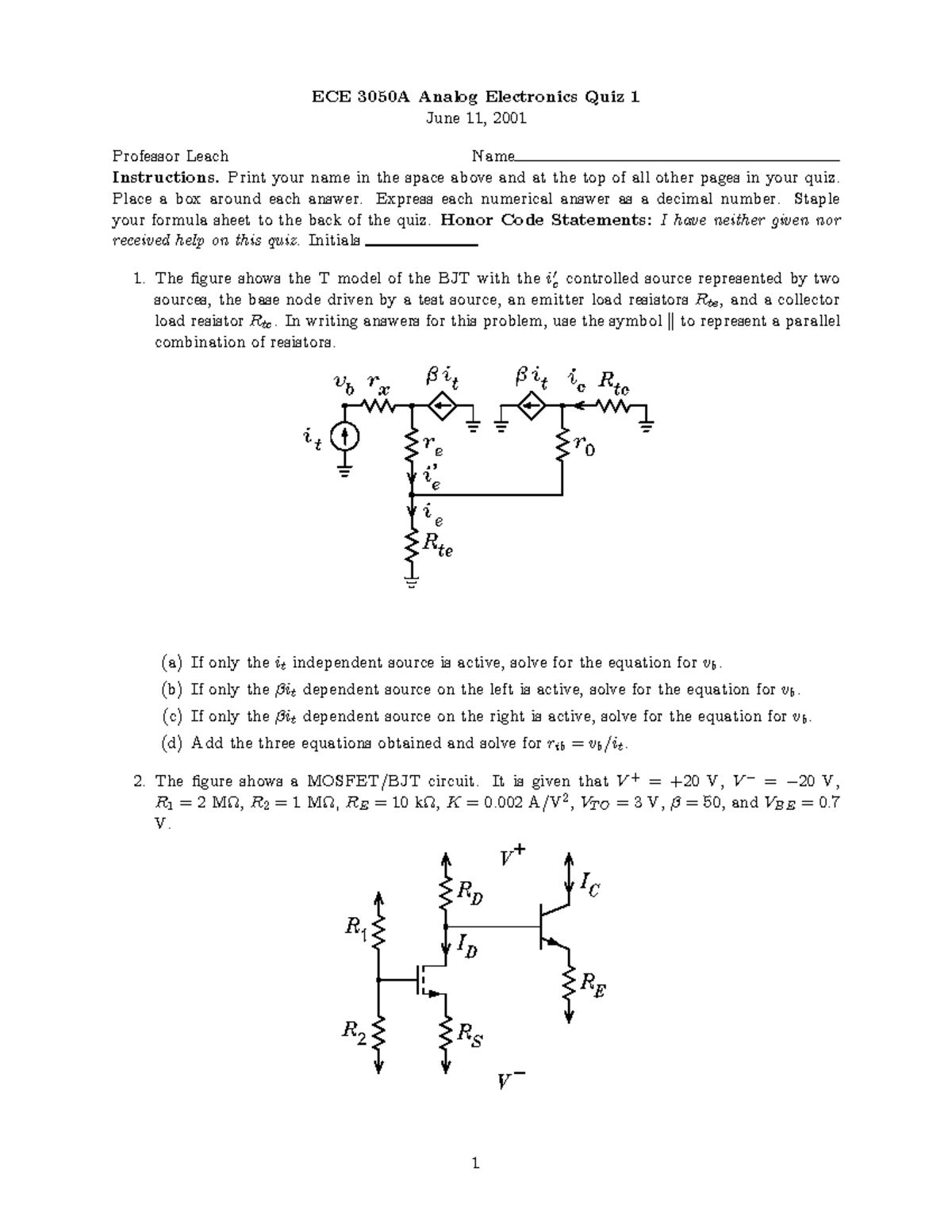 Q1 - Exam Practice - ECE 3050A Analog Electronics Quiz 1 June 11, 2001 ...