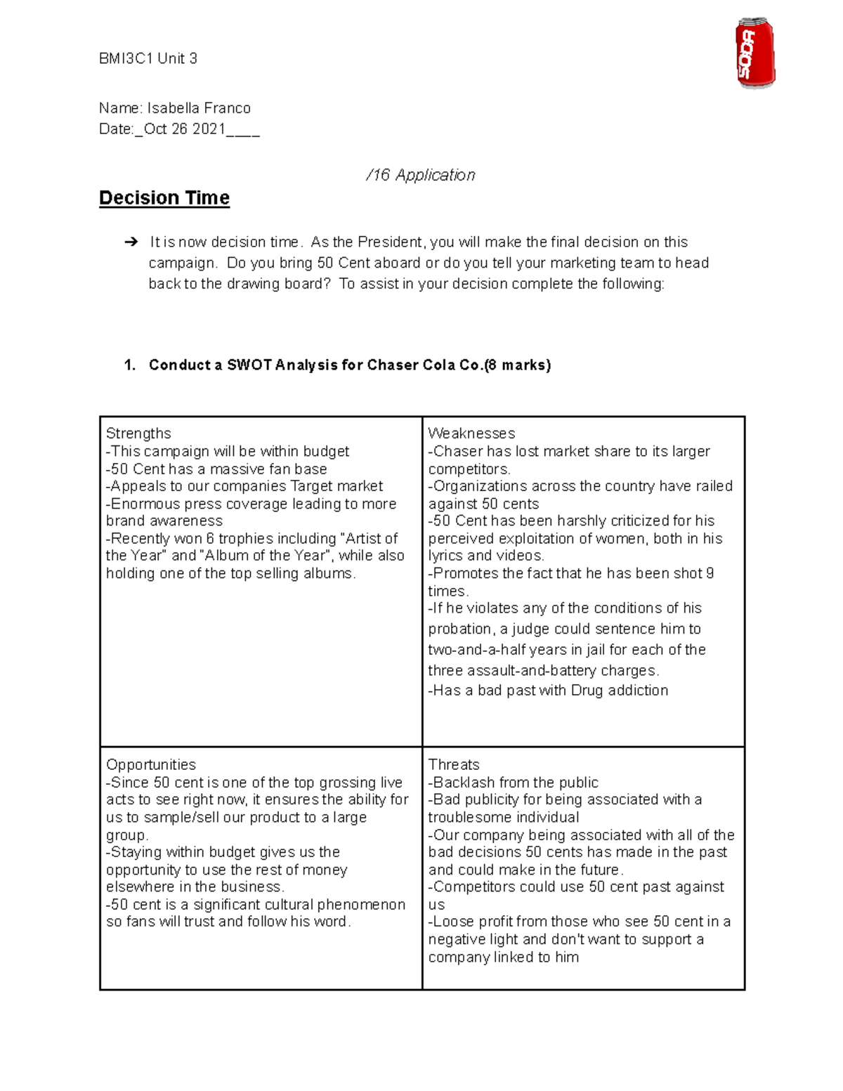 Copy Of Isabella Franco   SWOT PEST Case Study   Chaser Cola Co