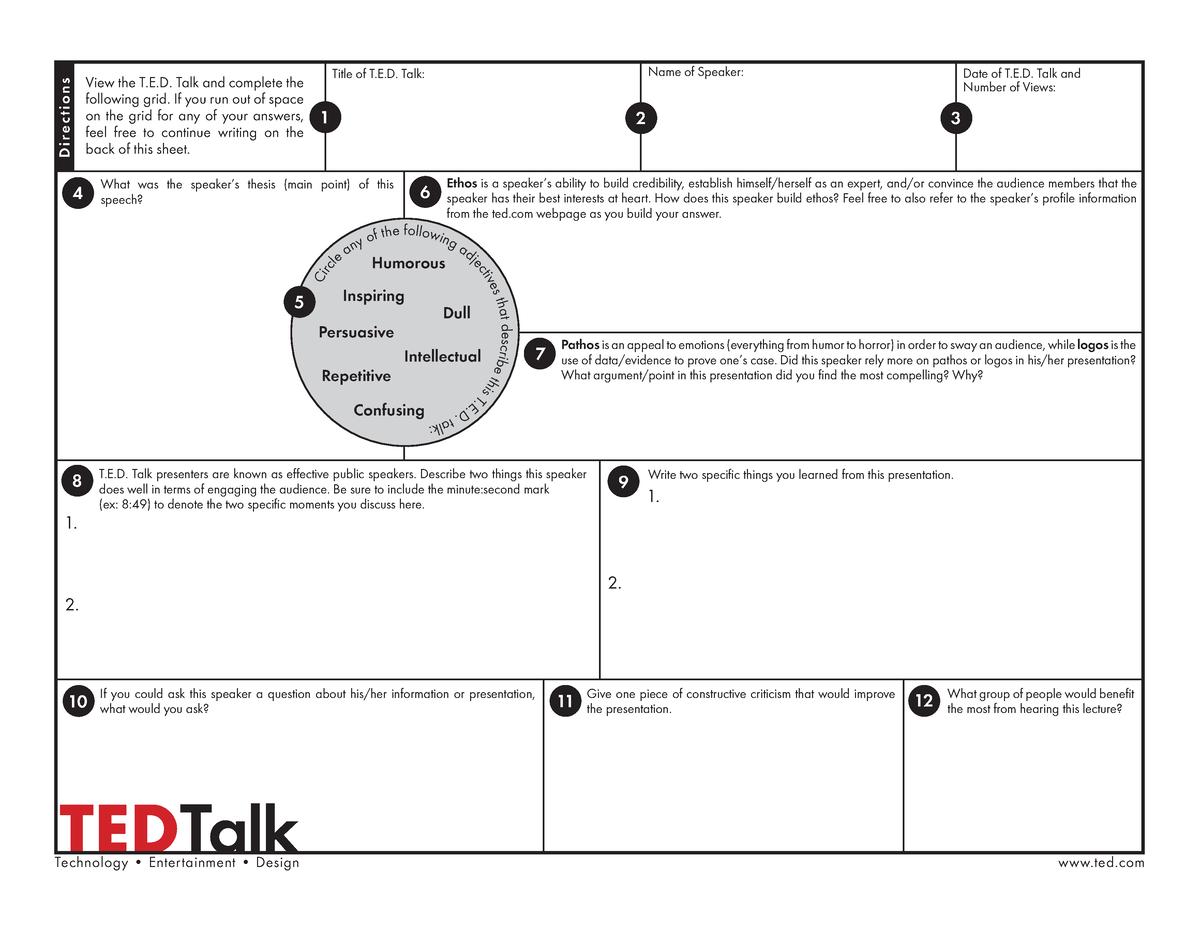 Ted Talk Worksheet TEDTalk View the T E Talk and complete the