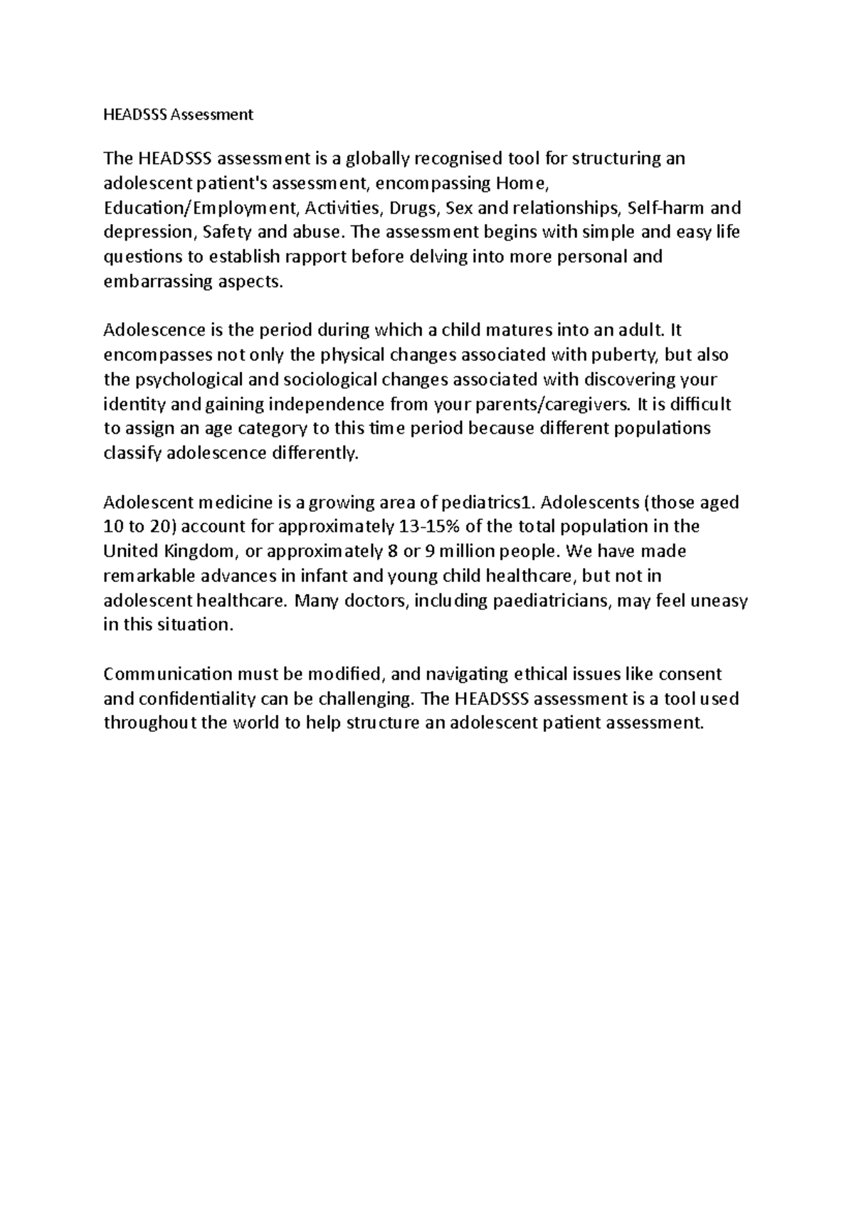 Assessment- Headsss - Children's nursing notes - HEADSSS Assessment The ...