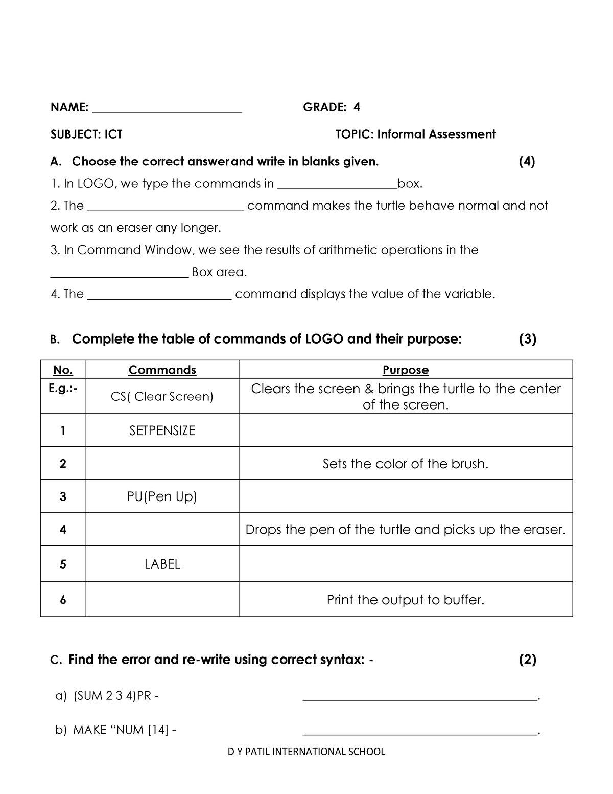 ICT - MSW LOGO Grade 4 - NAME: _________________________ GRADE: 4 ...