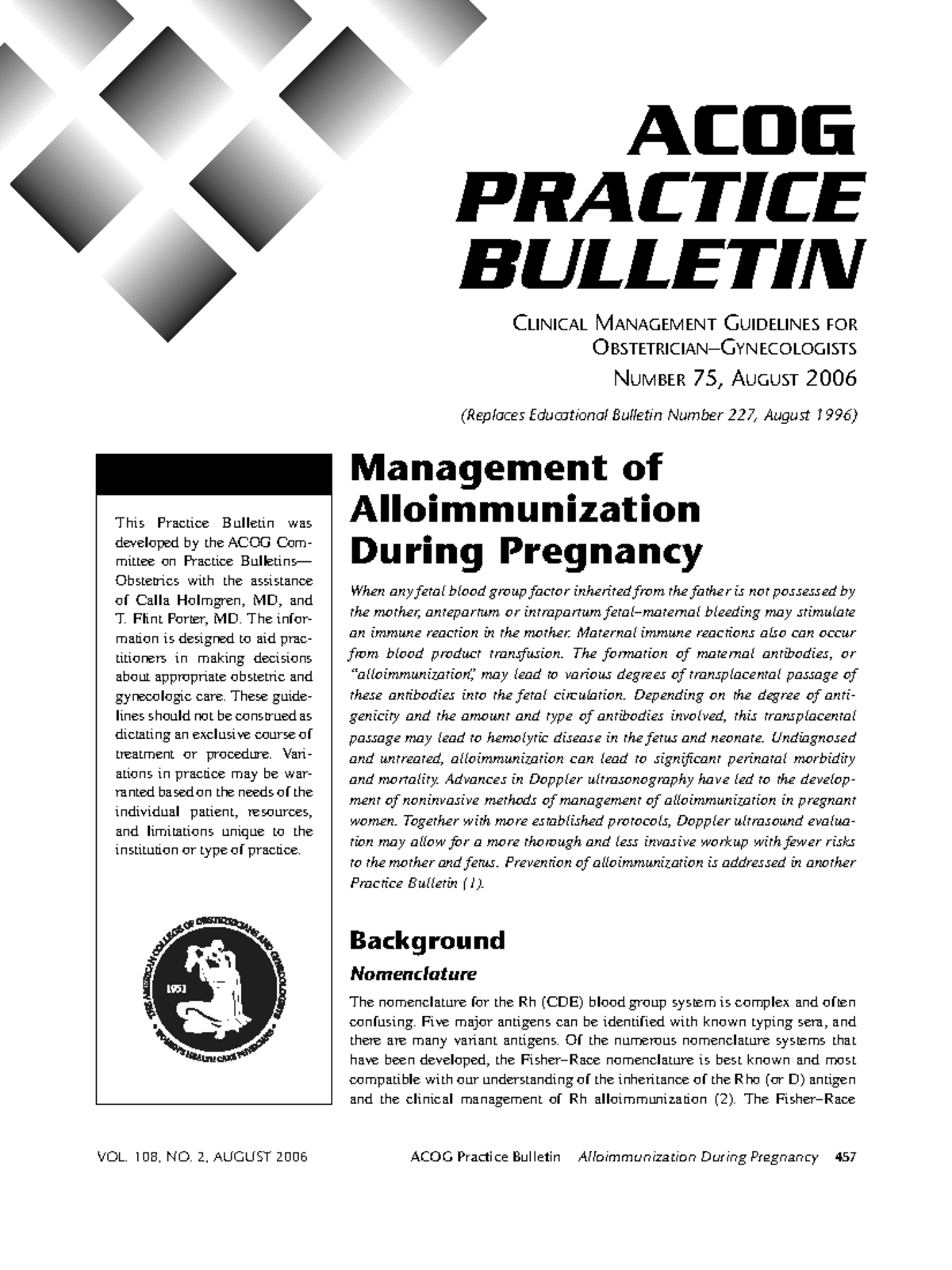 Acog Practice Bulletin No 75 Management Of Alloimmunization 2006 - VOL ...