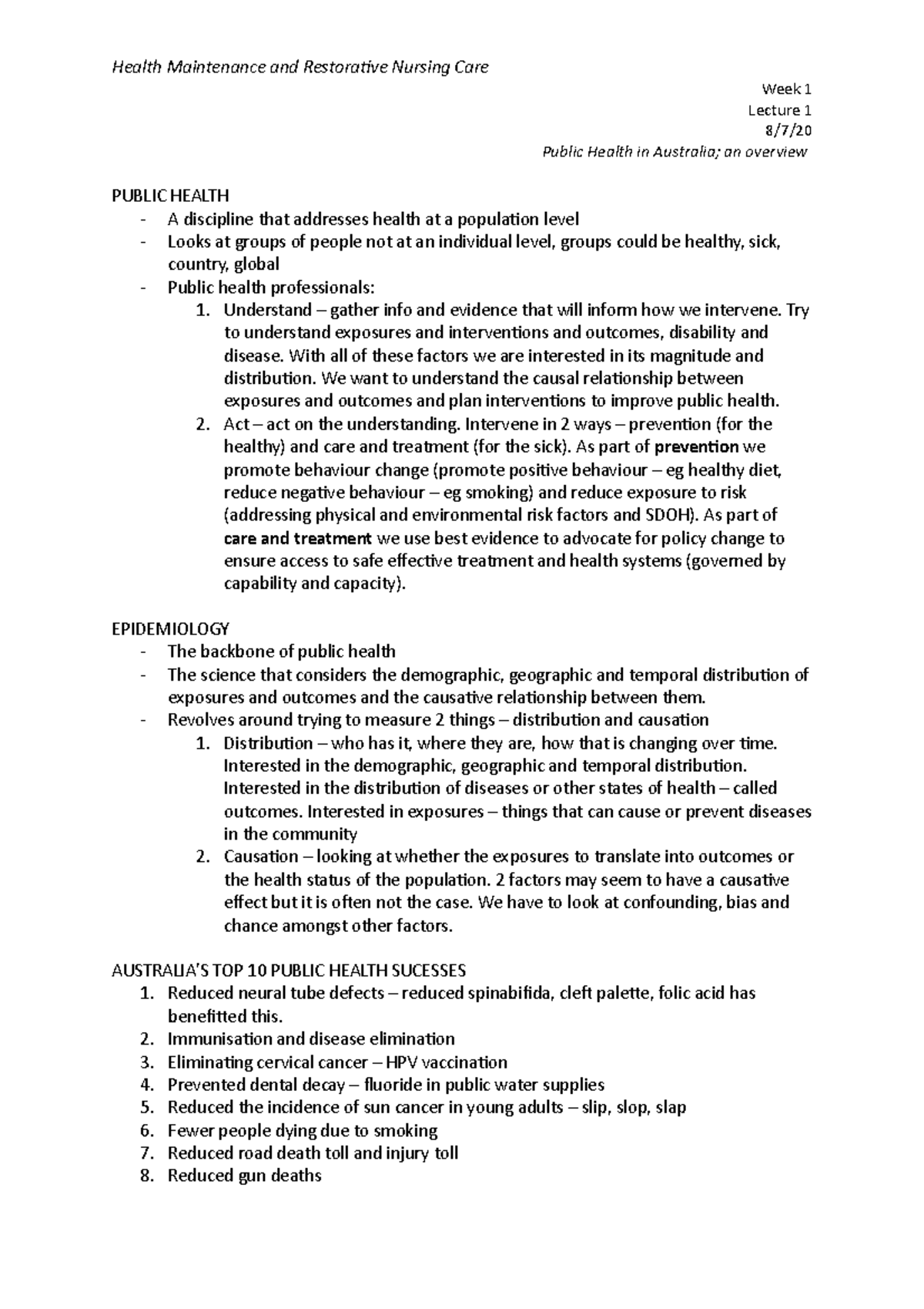 Lecture notes Week 1 - Week 1 Lecture 1 8/7/ Public Health in Australia ...