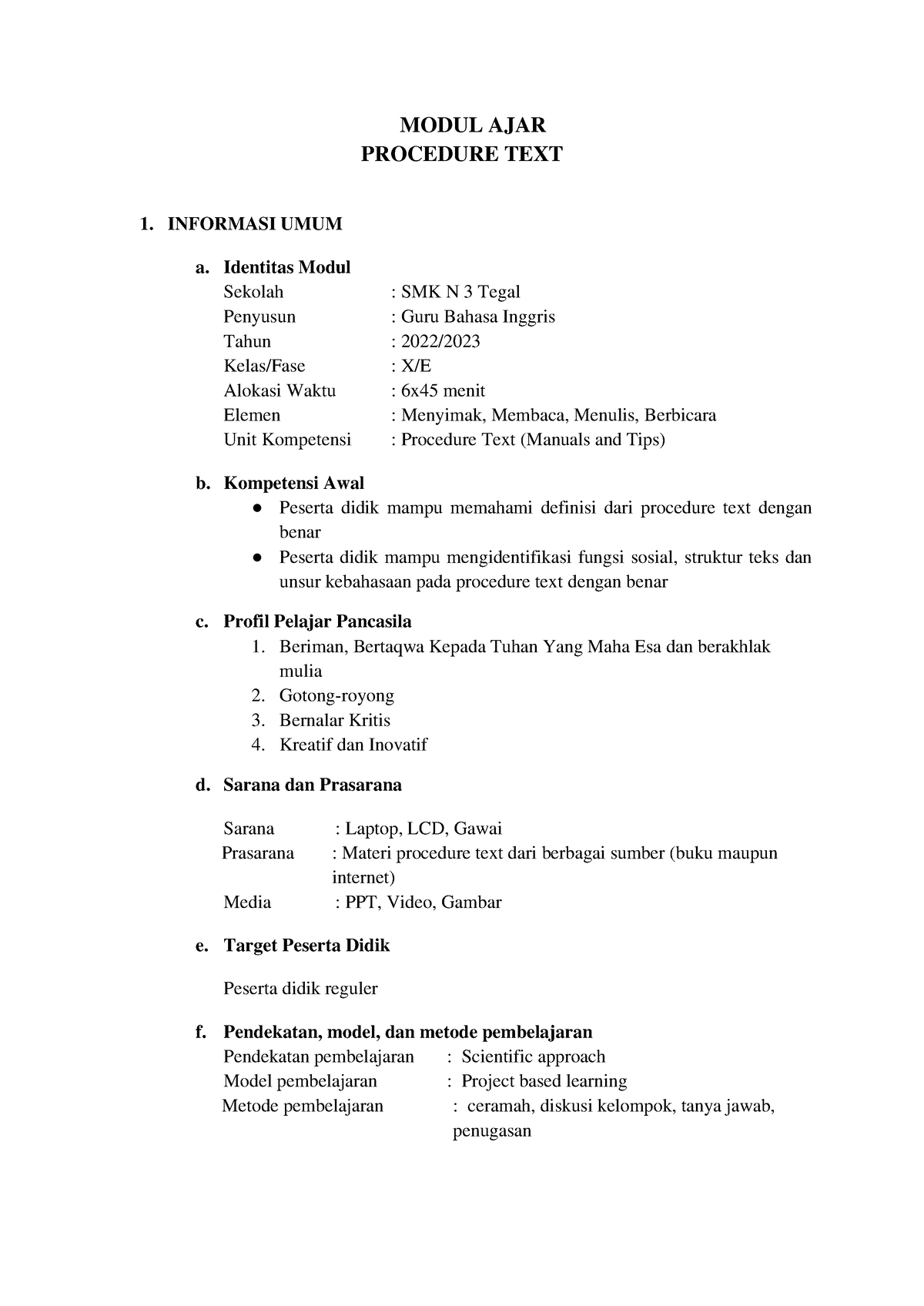 Modul Ajar Procedure Text Kelas X - MODUL AJAR PROCEDURE TEXT 1 ...