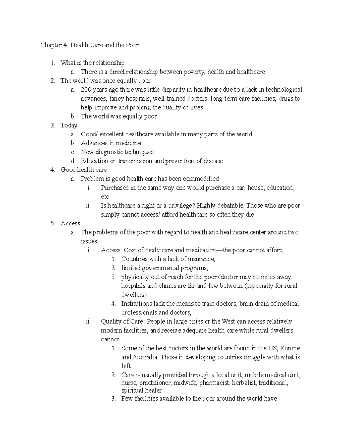 Chapter 4 - class notes - Chapter 4: Health Care and the Poor What is ...