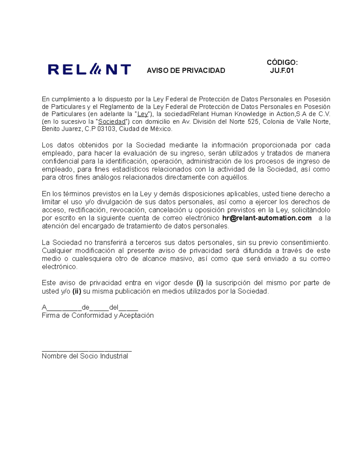 Aviso DE Privacidad, Relant - AVISO DE PRIVACIDAD CÓDIGO: JU. En ...