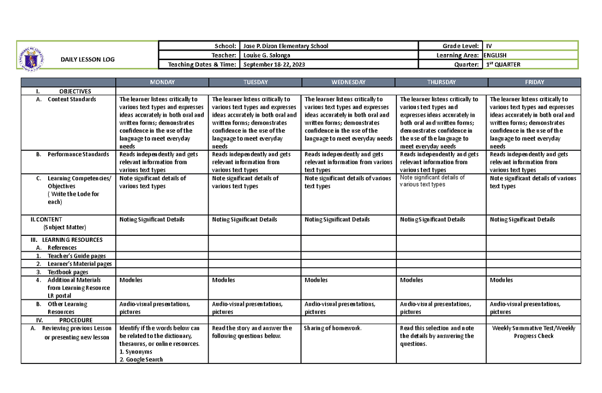 DLL ENGLISH 4 WEEK ONE - DAILY LESSON LOG School: Jose P. Dizon ...