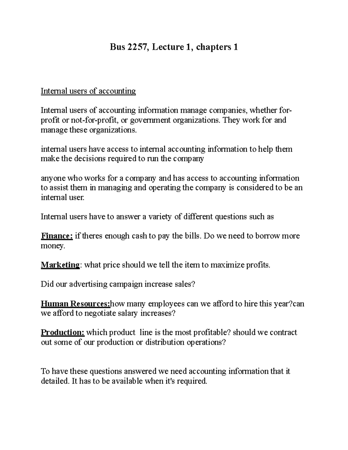 Bus 2257 chapter 1 notes - Bus 2257, Lecture 1, chapters 1 Internal ...