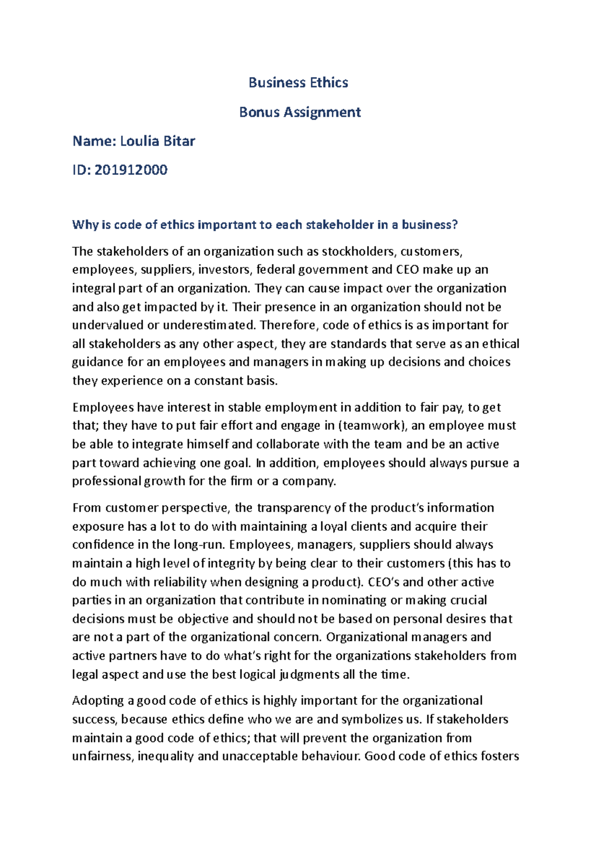 Ethics Bonus assignment for increasing your grade - Business Ethics ...