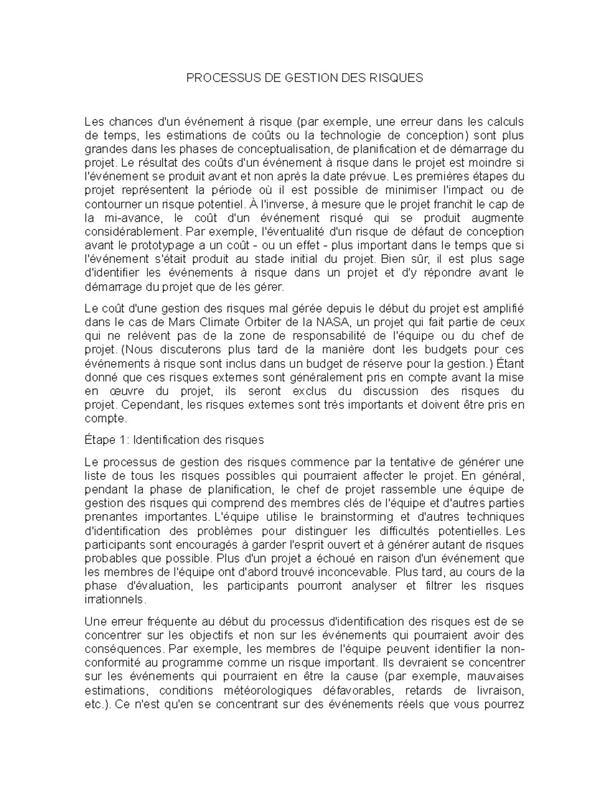 Notes de cours avec des notes sur la gestion des risques dans la ...