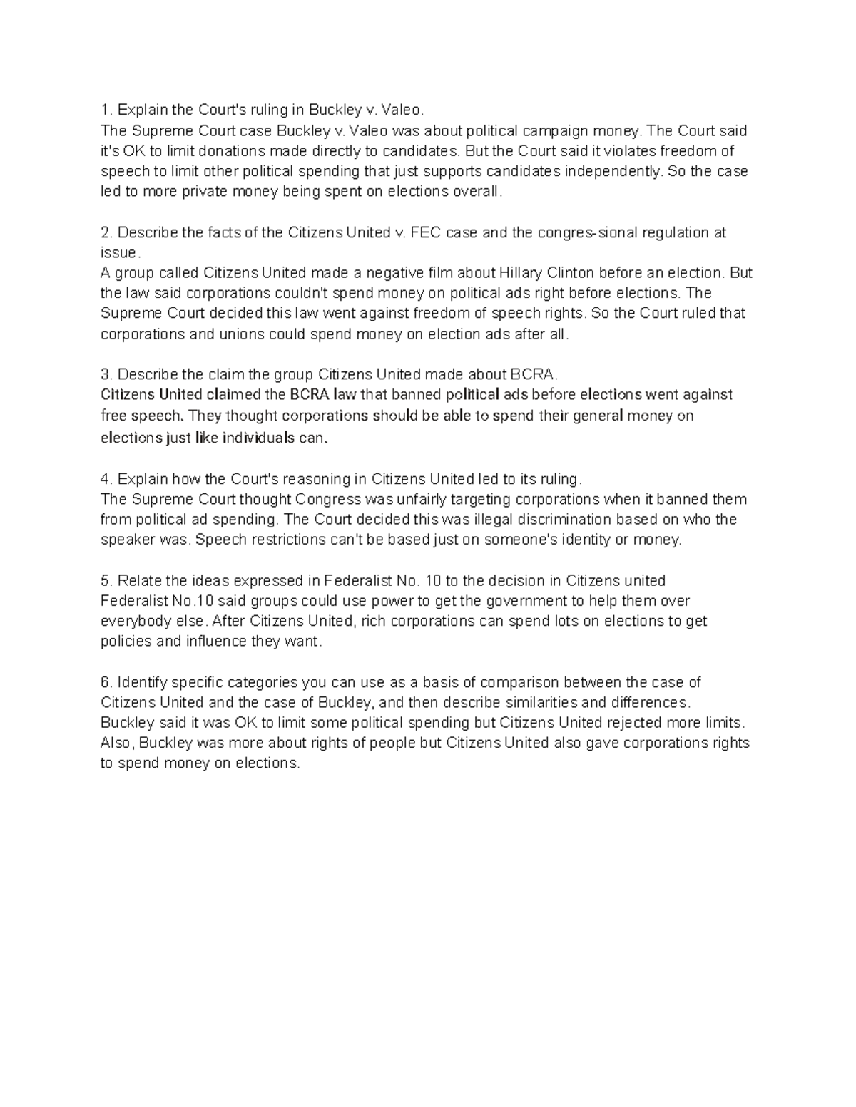 Citizens v FEC analysis Explain the Court's ruling in Buckley v