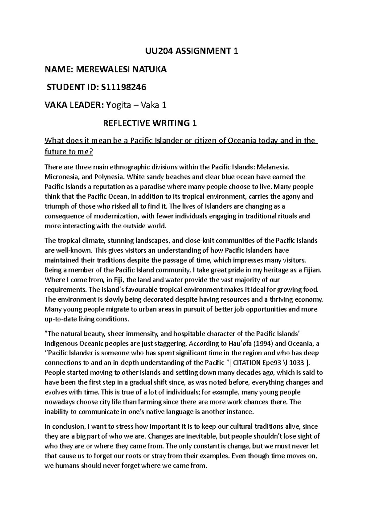 UU204 Assignment 1 S11198246 - Pacific Worlds - USP - Studocu