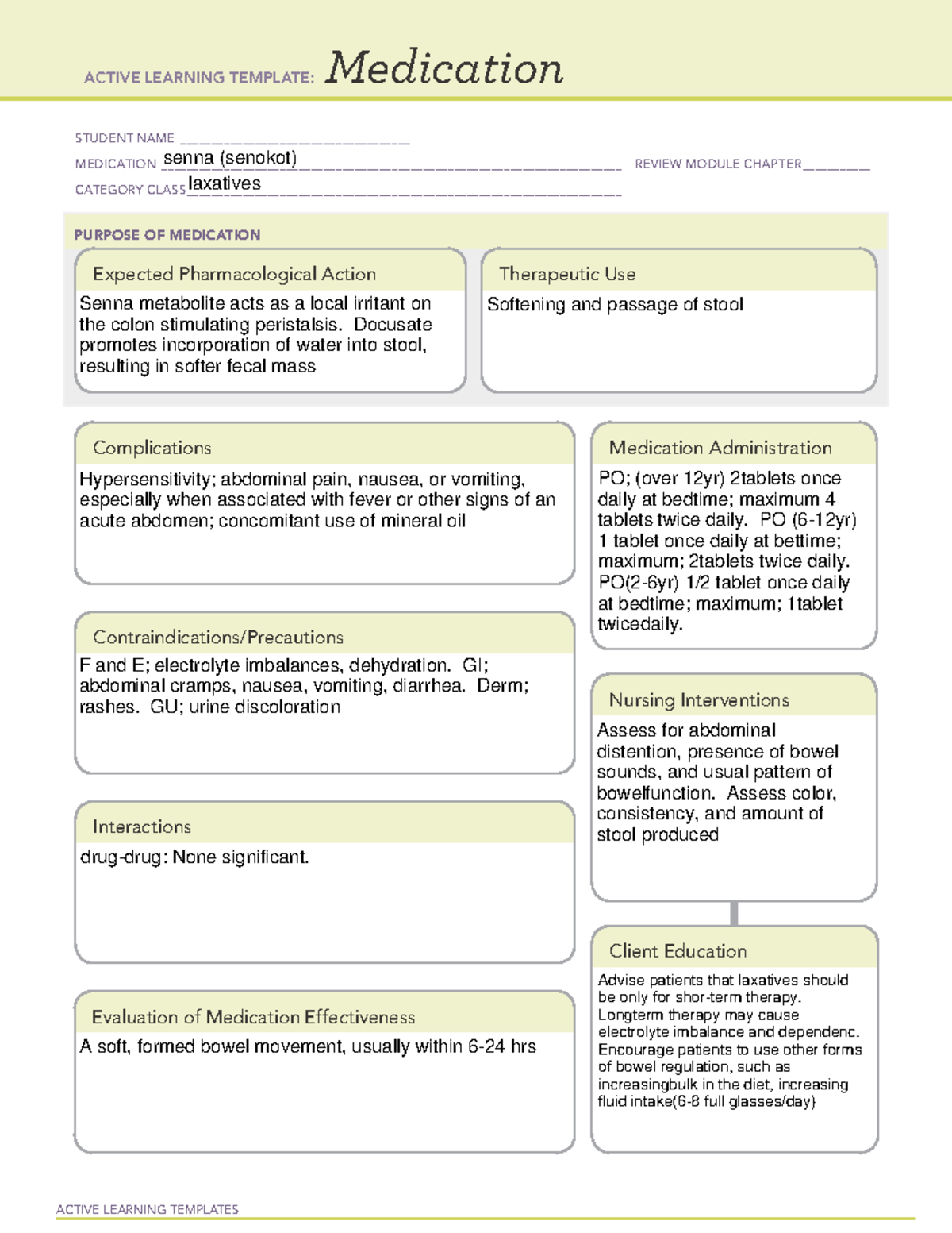 Senna - ATI Templet - ACTIVE LEARNING TEMPLATES Medication STUDENT NAME ...