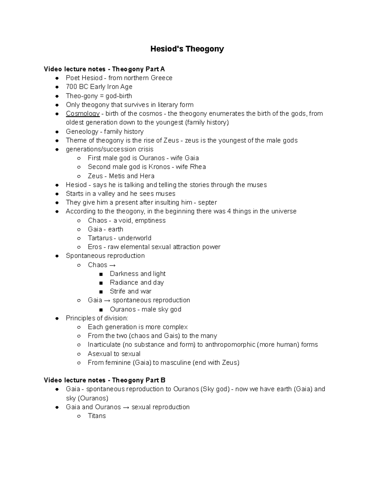 Hesiod's Theogony - video lecture notes - Hesiod's Theogony Video ...