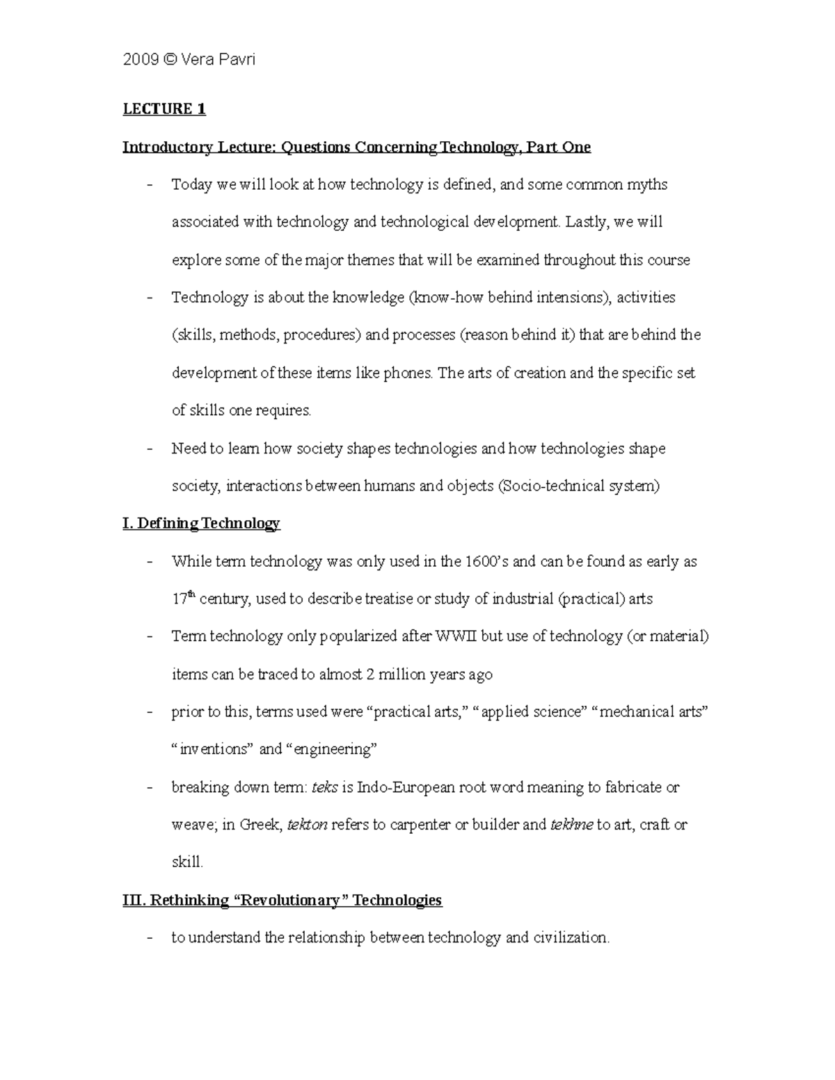 Lecture 1 - Questions Concerning Technology - LECTURE 1 Introductory ...