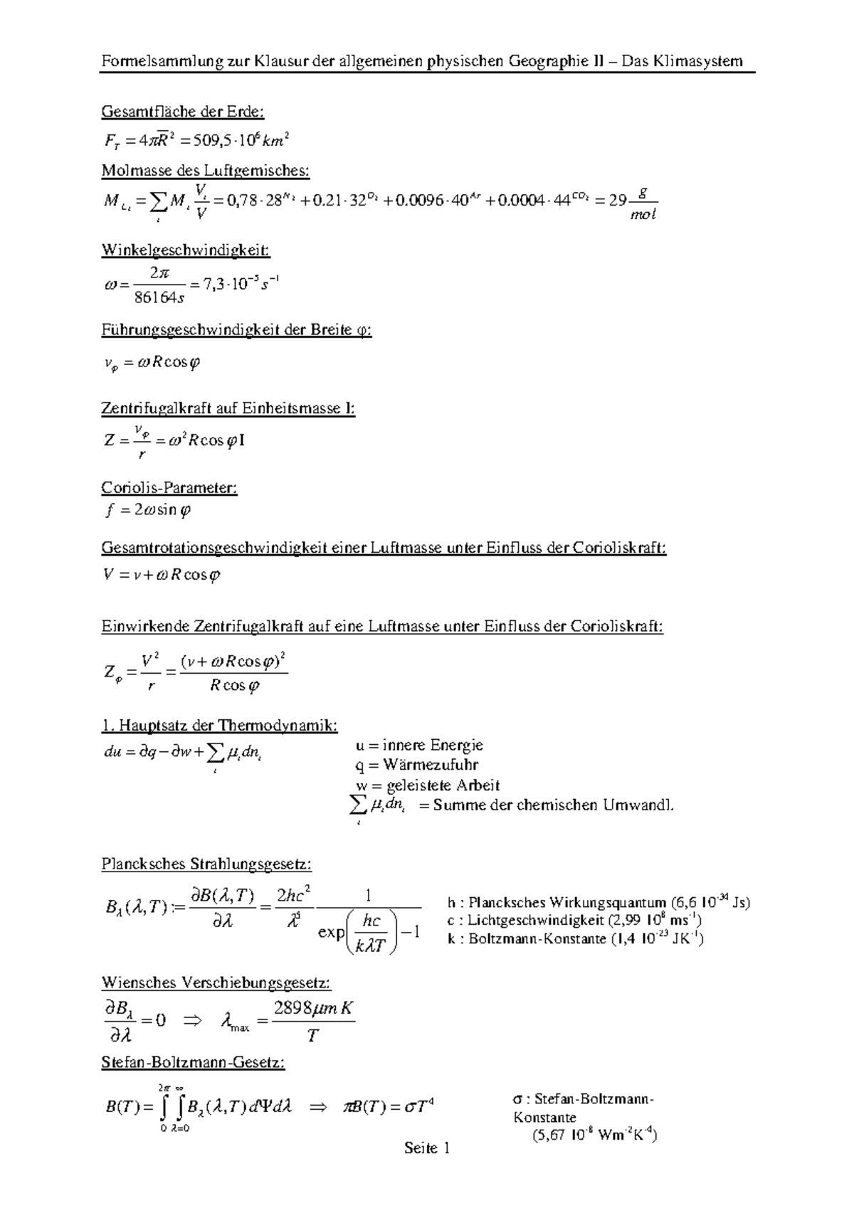 Formelsammlung Zur Vorlesung Klimasysteme - Gesamtfläche Der Erde ...