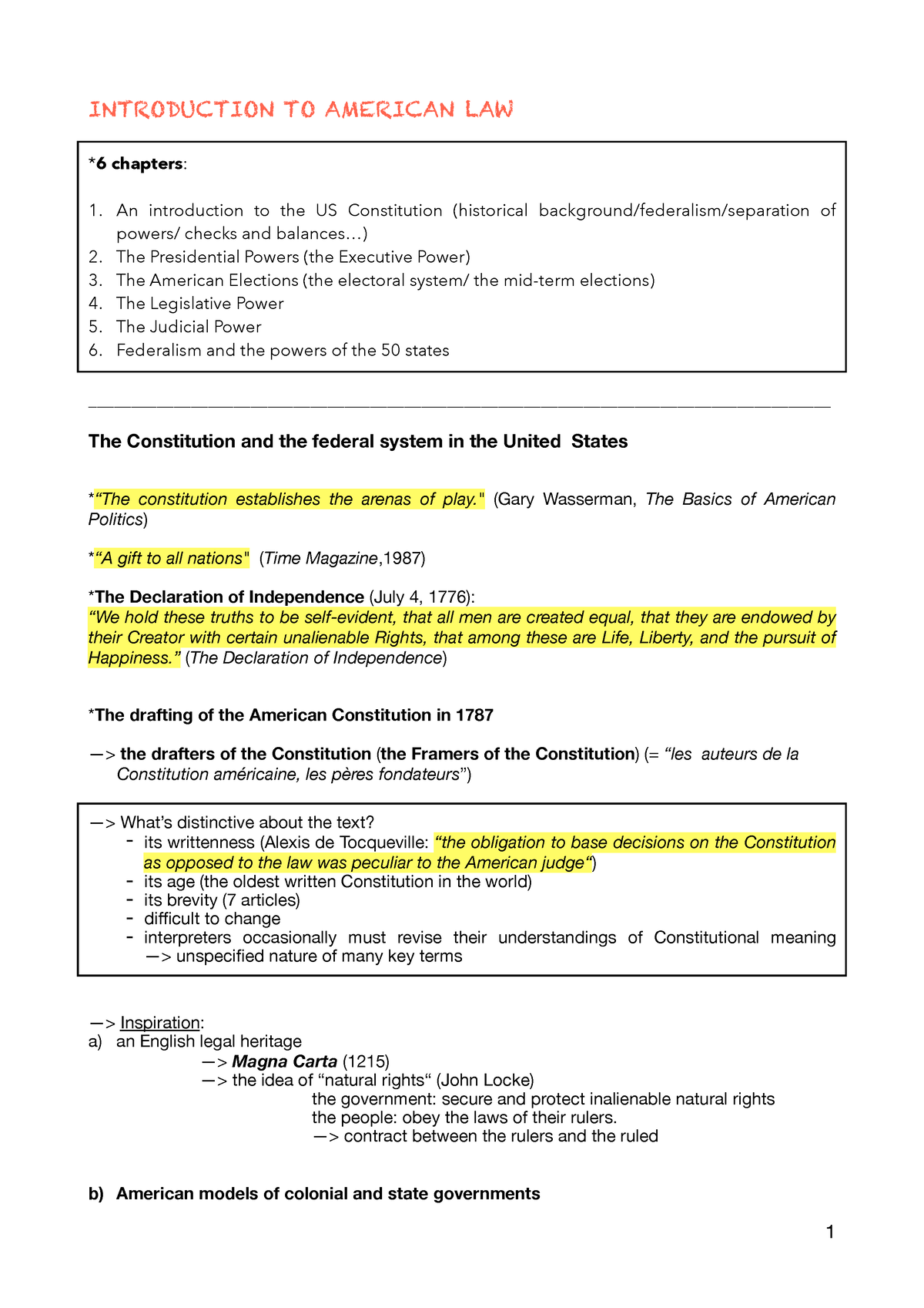 Introduction To The US Constitution (outline) - INTRODUCTION TO ...