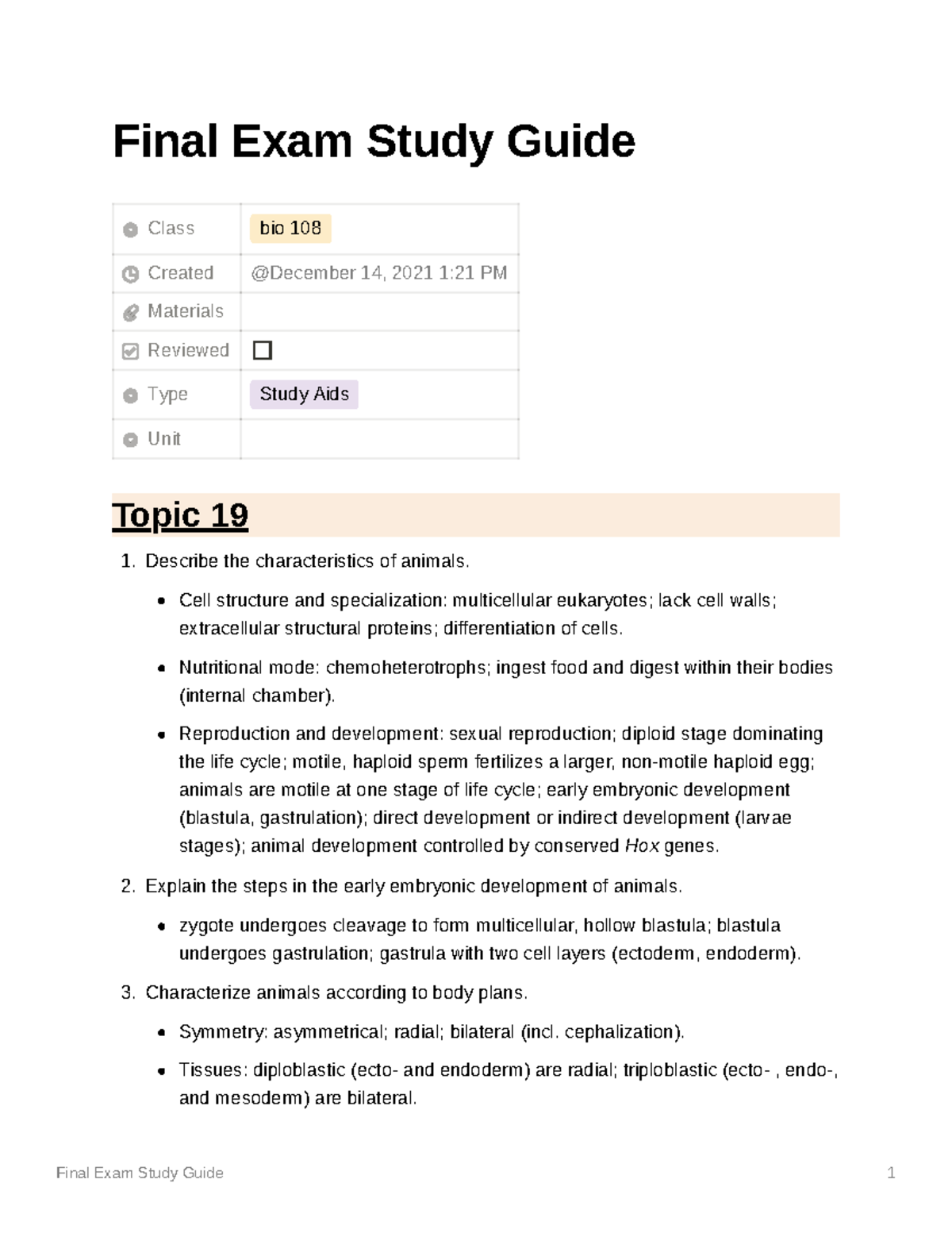 Final Exam Study Guide - Final Exam Study Guide Class Bio 108 Created ...