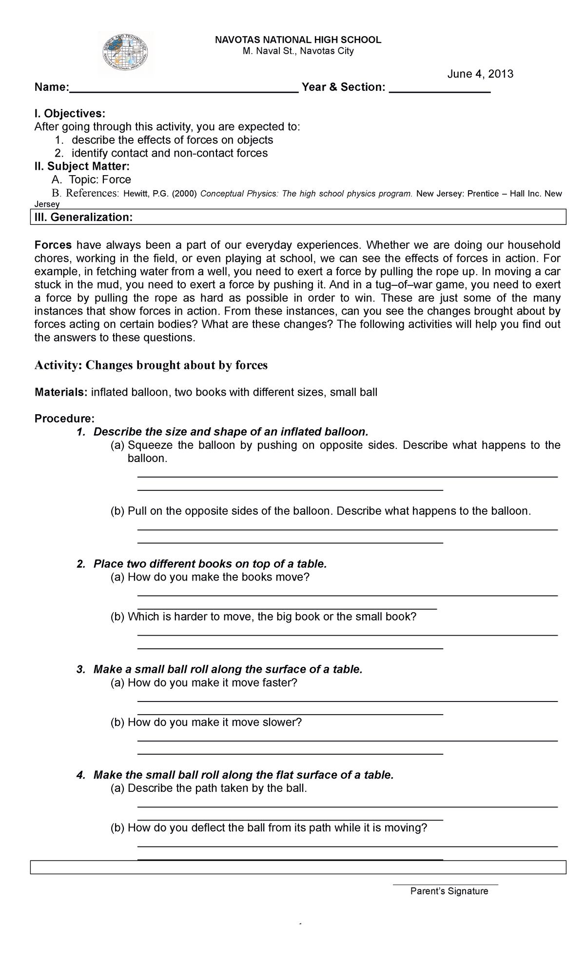 Iaw June 4 Force - Intervention Activity Worksheet - Navotas National 