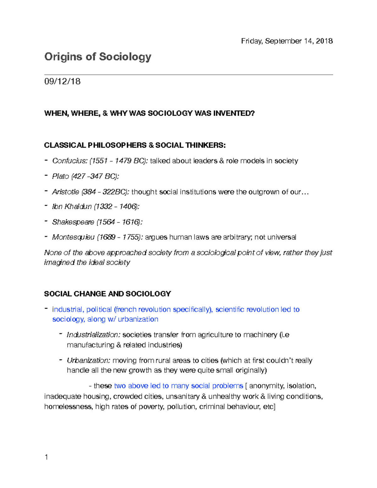 SOC Notes - Lecture 2- Origins of Society - Friday, September 14, 2018 ...