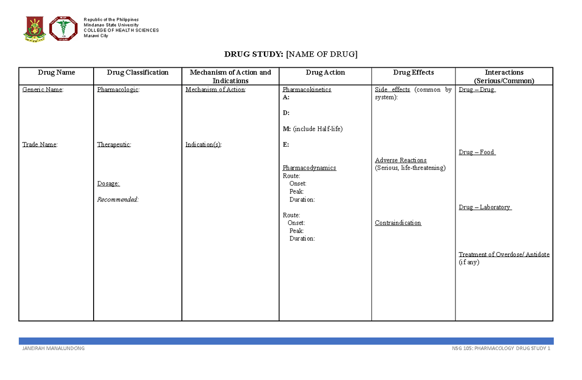 Drug Study Template 2022-1 - Mindanao State University COLLEGE OF ...