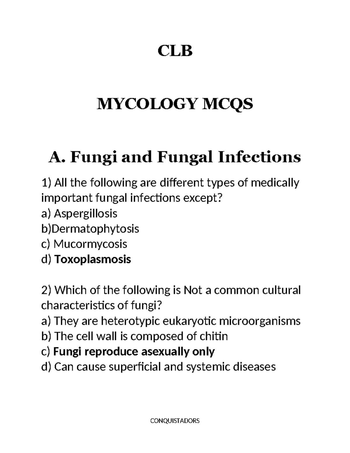 T&L vol.2a 2 - Noted - CLB MYCOLOGY MCQS A. Fungi and Fungal Infections ...