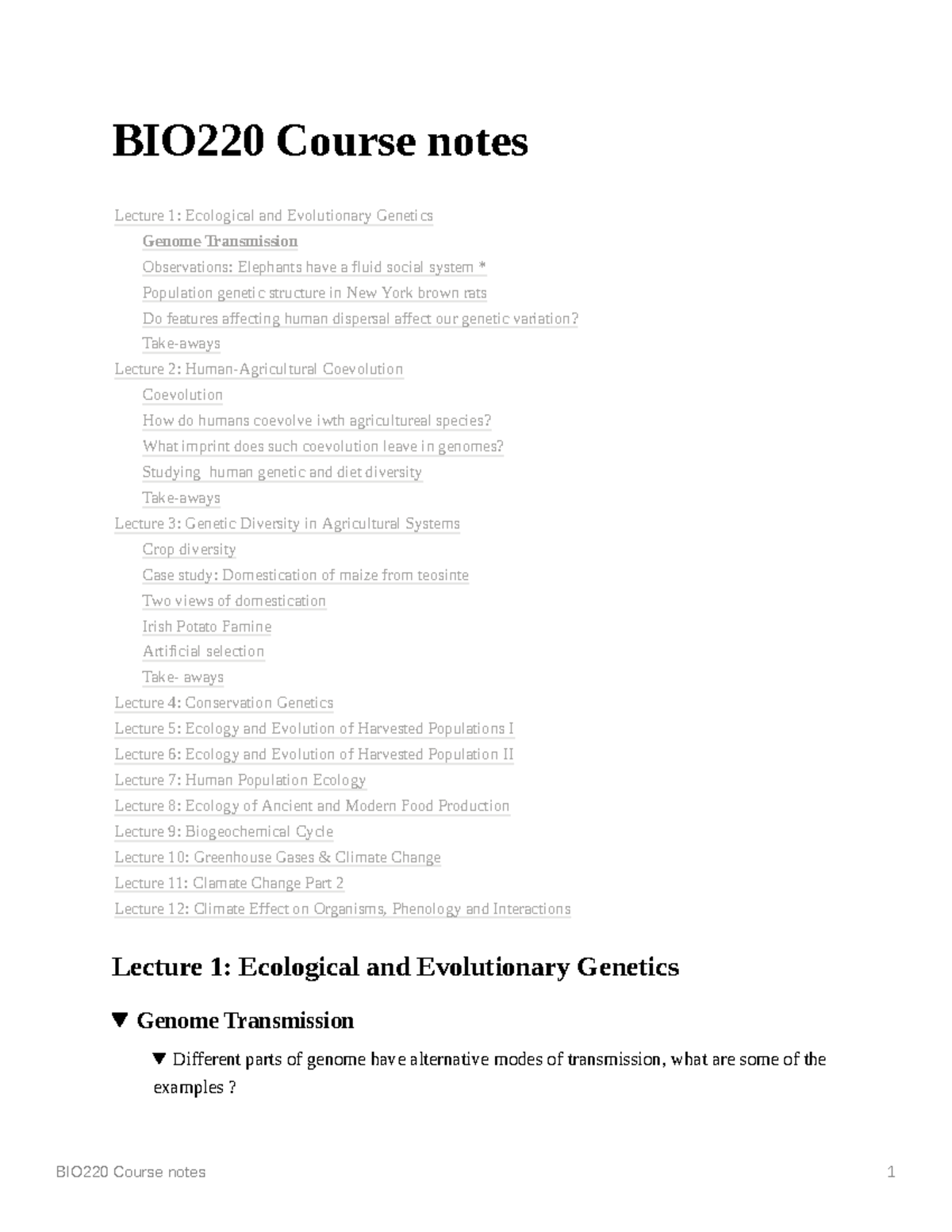 BIO220 Course notes lecture 1 Summary - BIO220 Course notes 1 BIO220 ...