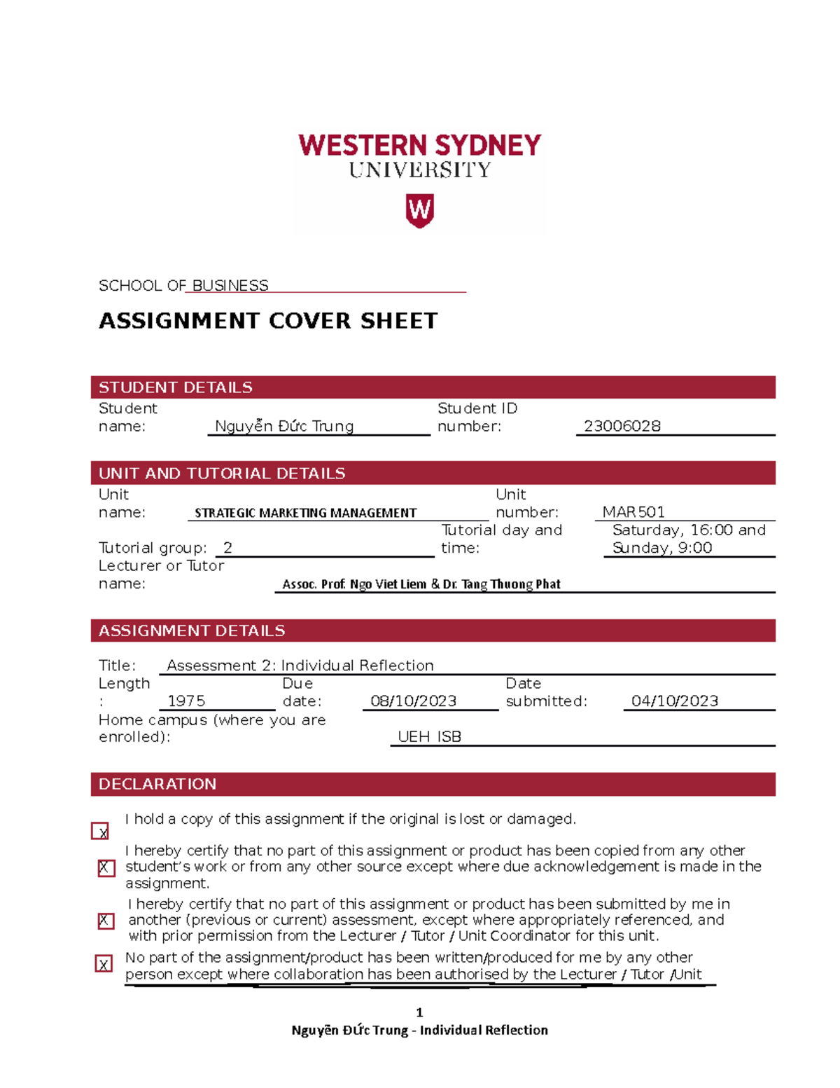 SMM Nguyễn Đức Trung Individual Reflection - SCHOOL OF BUSINESS ...