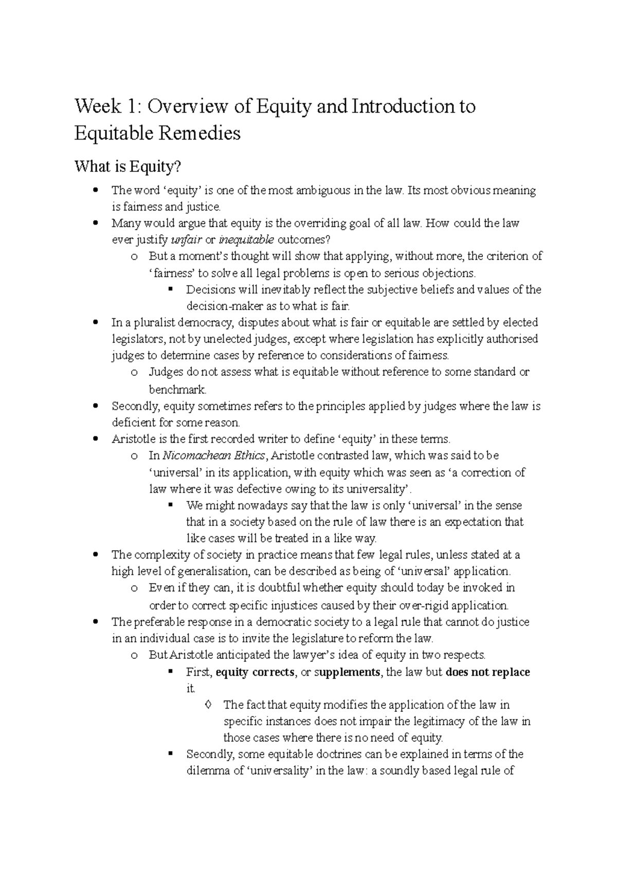Equity and Trusts 2500 Week 1 (Readings) - Week 1: Overview of Equity ...