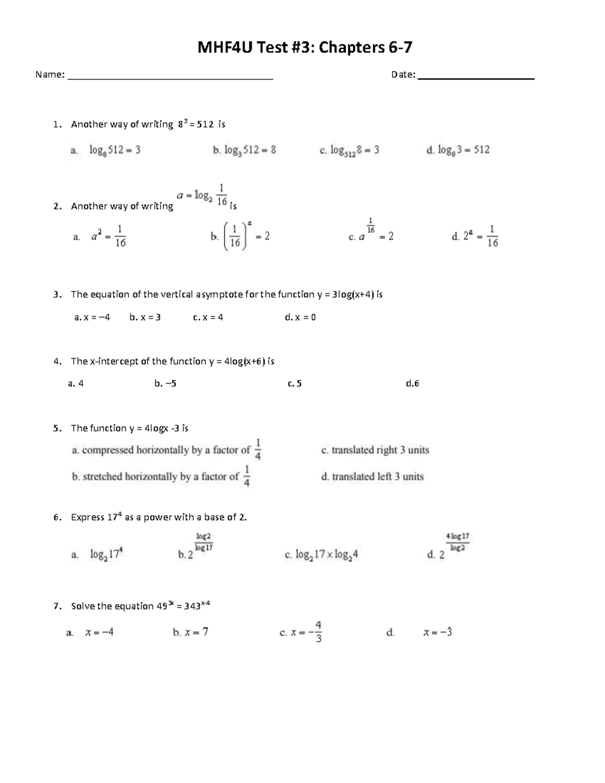 1582630026 MHF4U Test 3 - MHF4U Test #3: Chapters 6- Name