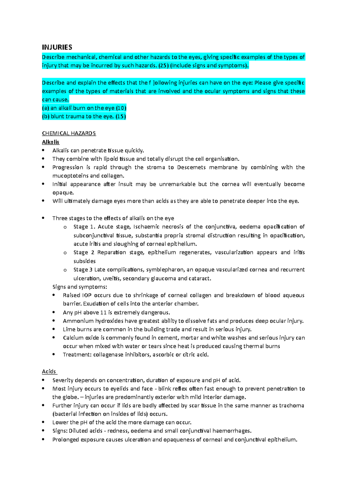 Visual Ergonomics past paper questions and answers INJURIES Describe