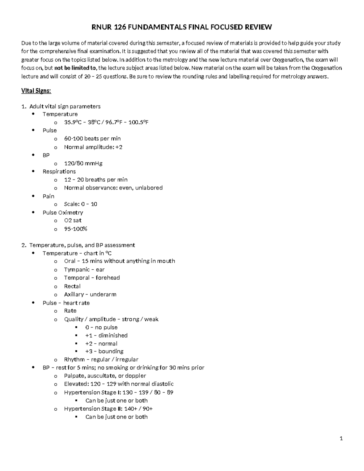 Final Exam Focused Review - RNUR 126 FUNDAMENTALS FINAL FOCUSED REVIEW ...