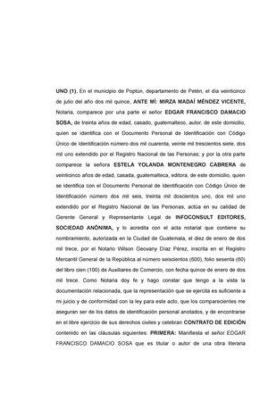 Modelo de contrato de edicion guatemala - UNO (1). En el municipio de  Poptún, departamento de Petén, - Studocu