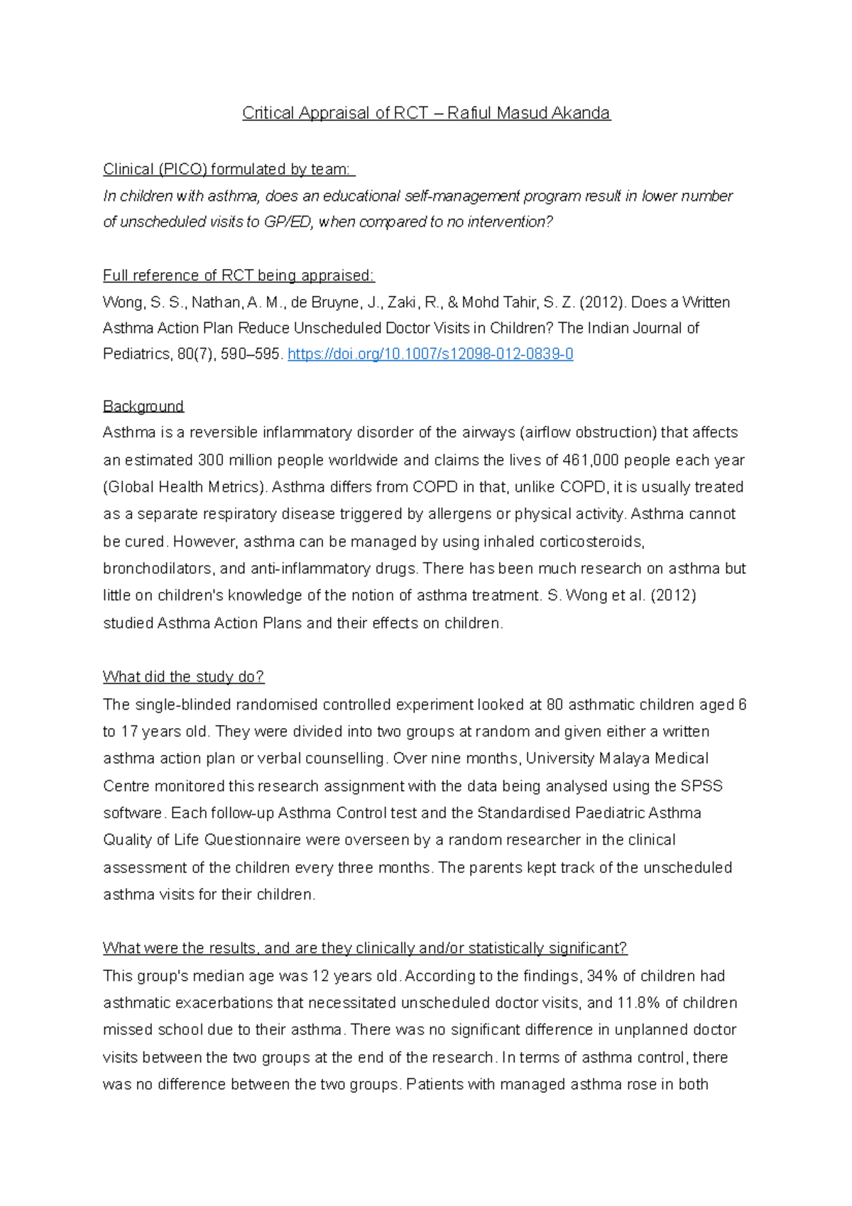 Critical Appraisal of Randomised Control Trial - Critical Appraisal of ...