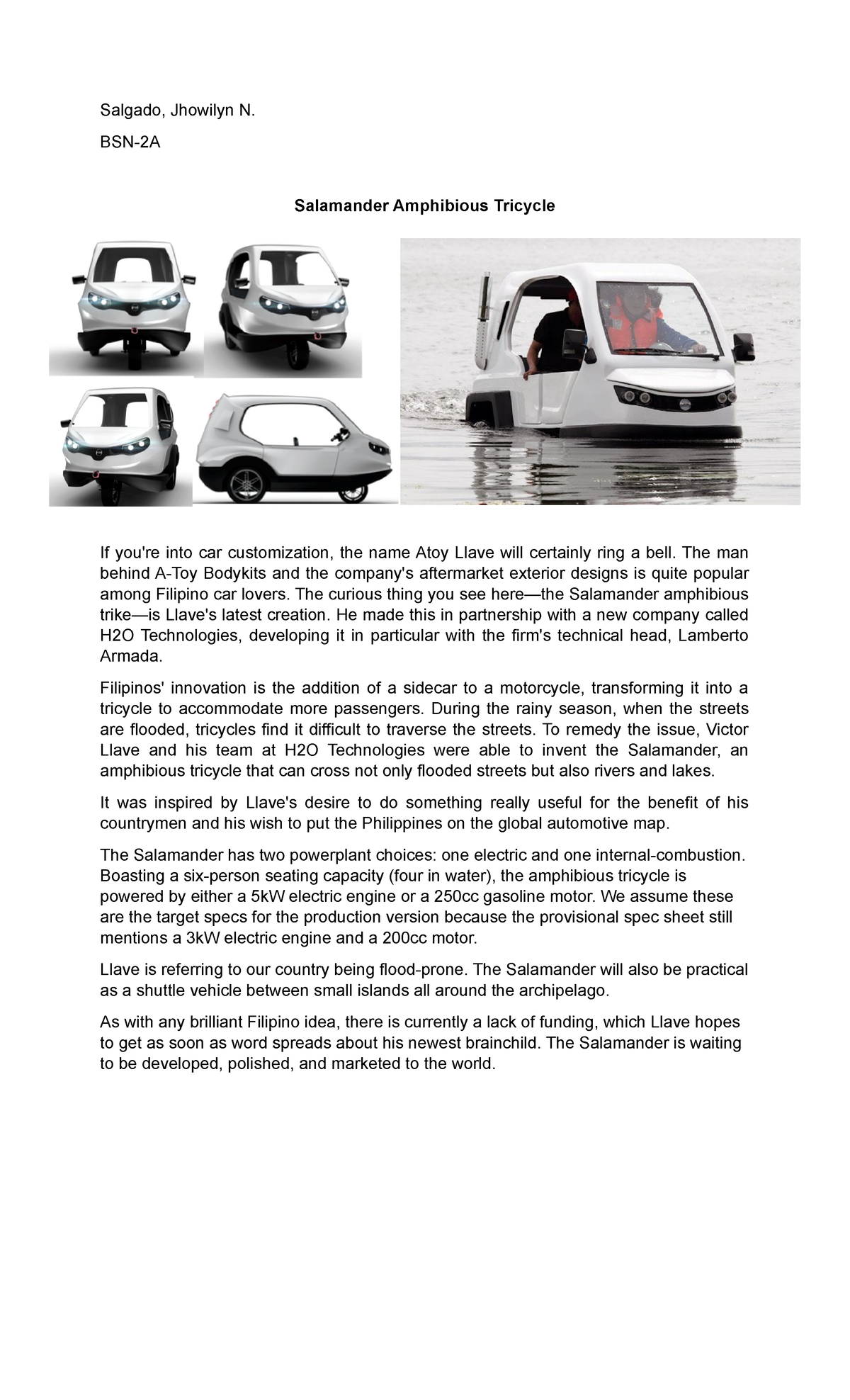 STS Philippine Invention Salamander Amphibious Tricycle Salgado