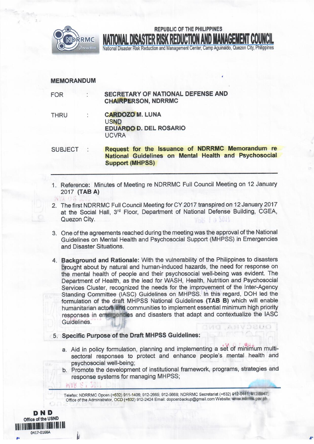 Ndrrmc Memorandum No 62 S 2017 National Guidelines On Mhpss - BS ...