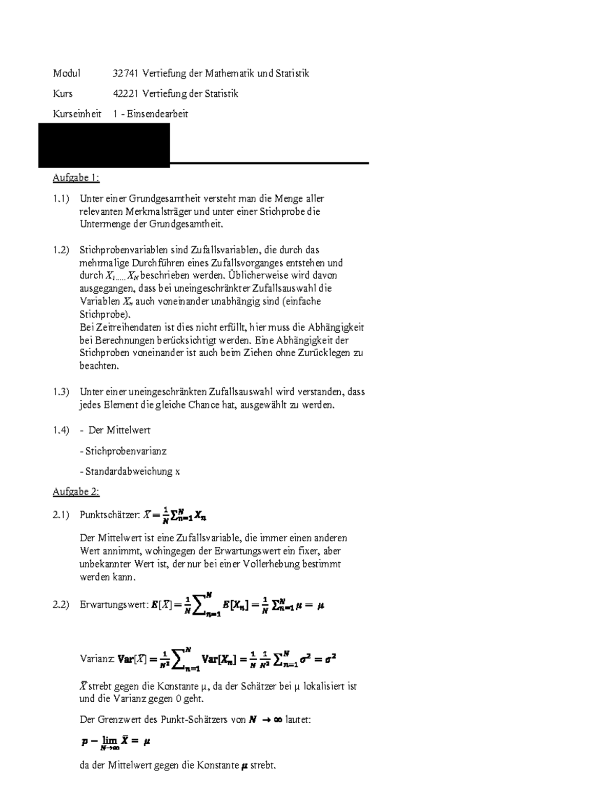 Statistik SS2021 EA1 Lösungen - Modul 32741 Vertiefung Der Mathematik ...