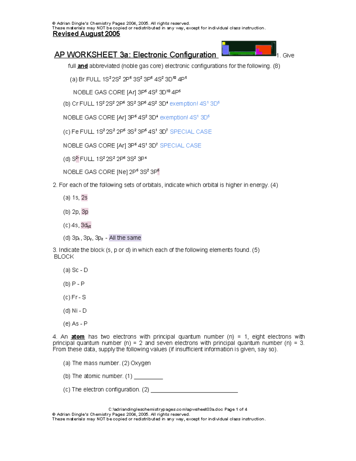 SCH4UA Electron Configuration worksheet - © Adrian Dingle’s Chemistry ...