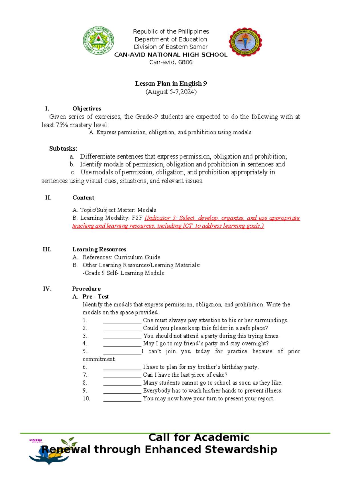 Q1 Week 1 - Lesson plan in Modals - Department of Education Division of ...