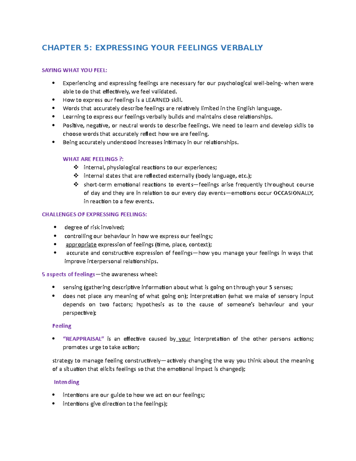 Class Notes Ch 5 10 CHAPTER 5 EXPRESSING YOUR FEELINGS VERBALLY
