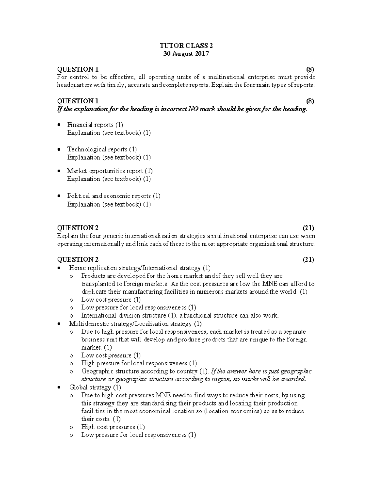 Tutor Class - 30 August 2017 - TUTOR CLASS 2 30 August 2017 QUESTION 1 ...