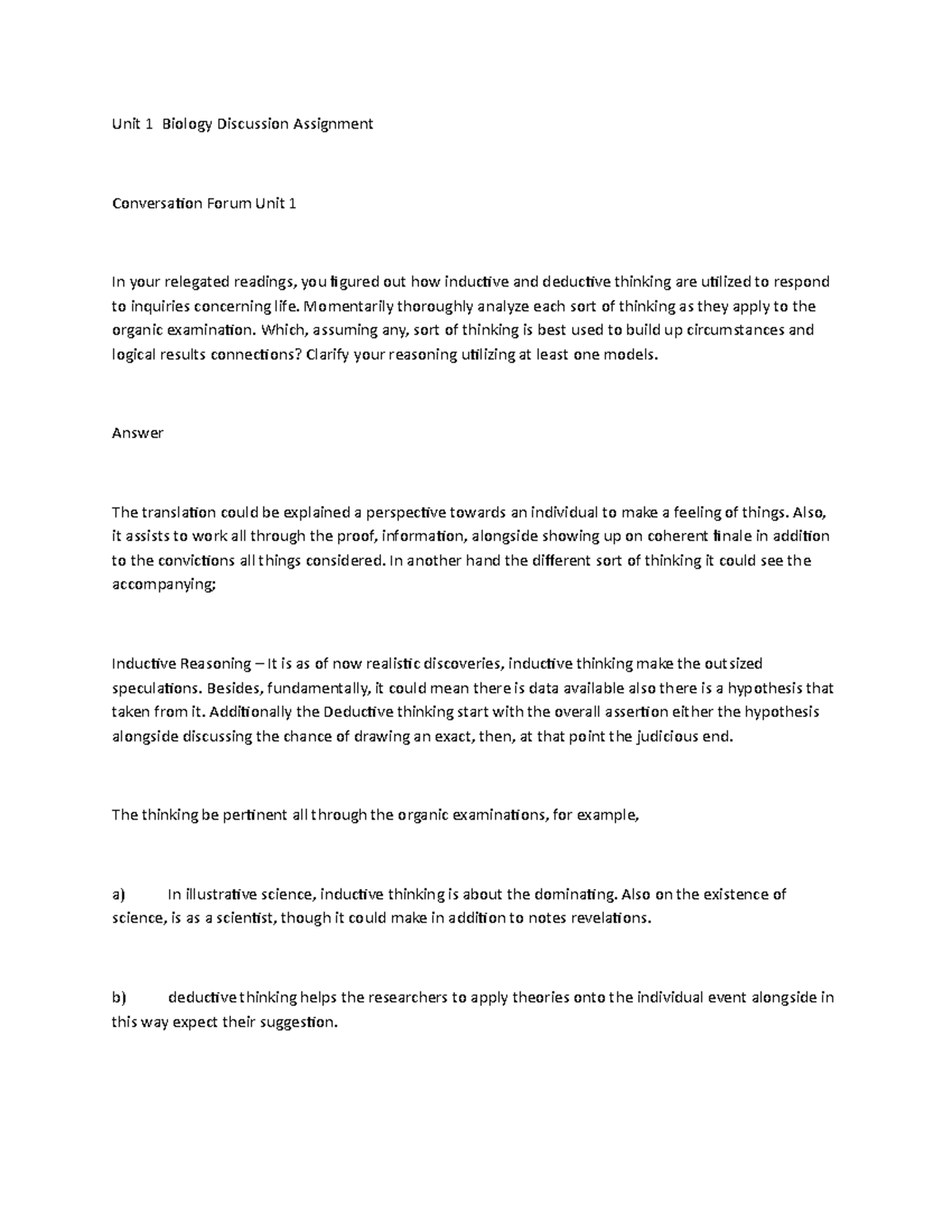 Unit 1 Biology Discussion Assignment Unit 1 Biology Discussion