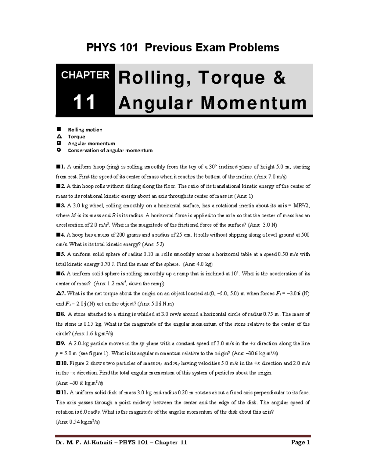 Chapter 11 - PHYS101 - PHYS 101 Previous Exam Problems CHAPTER 11 ...