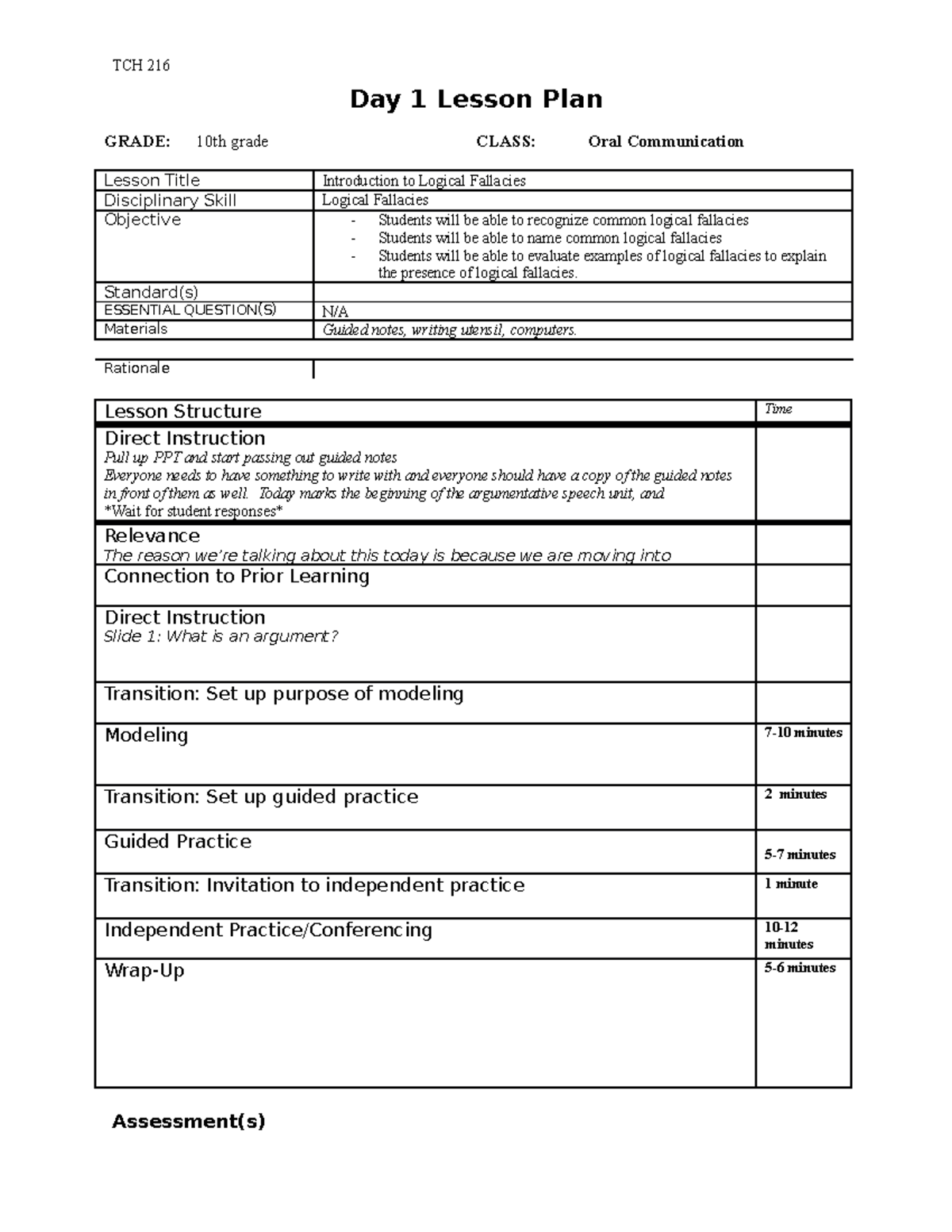 Lesson Plan - Practice - TCH 216 Day 1 Lesson Plan GRADE: 10th grade ...