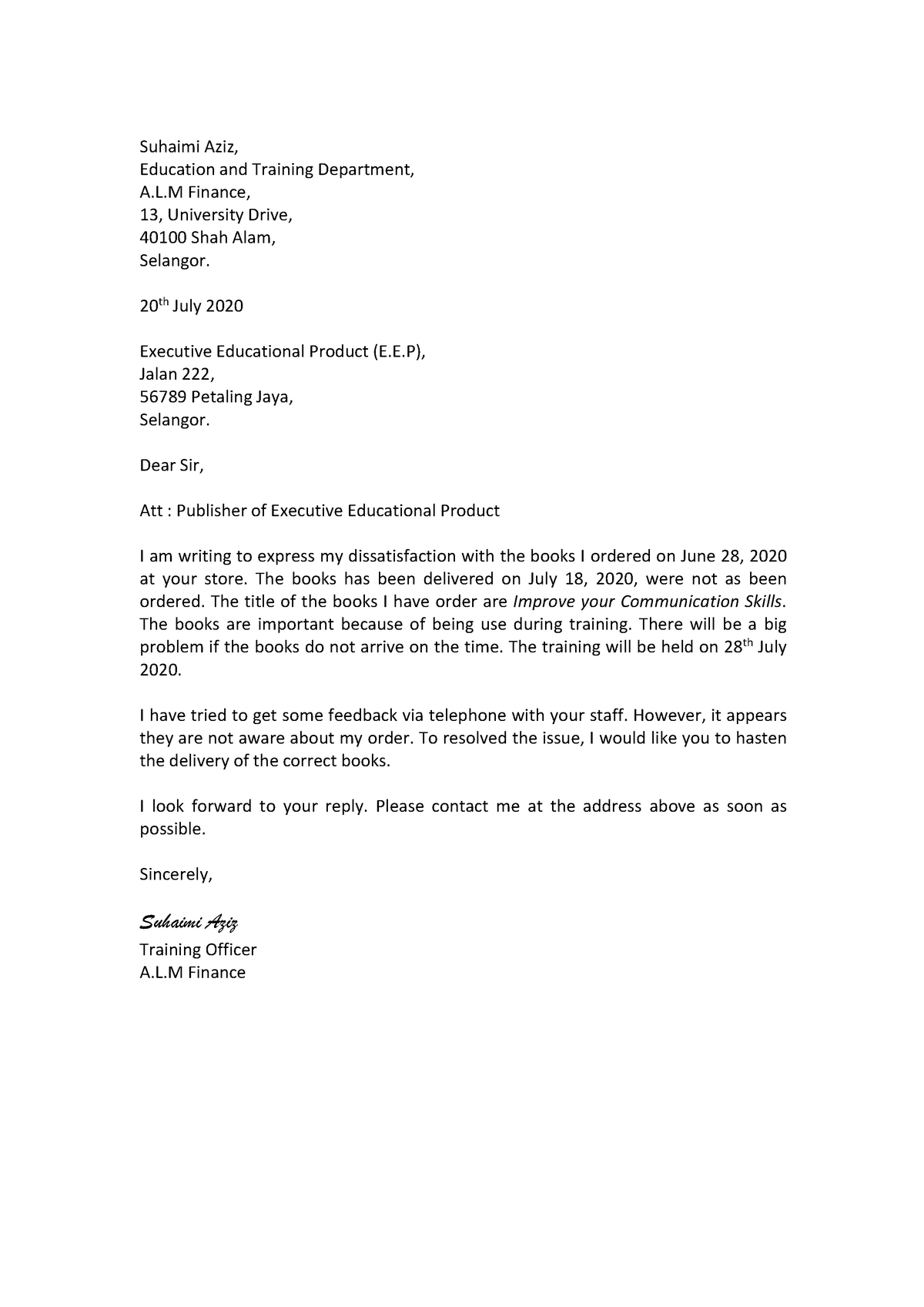 Complaint letter Example - Suhaimi Aziz, Education and Training ...