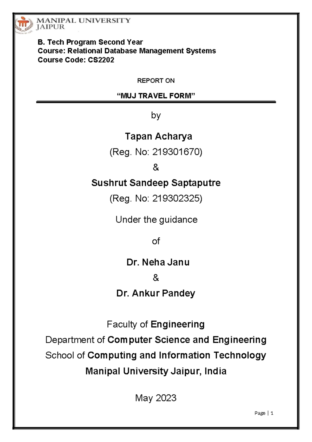 Project Report Rdbms - Summary Computer networks - B. Tech Program ...