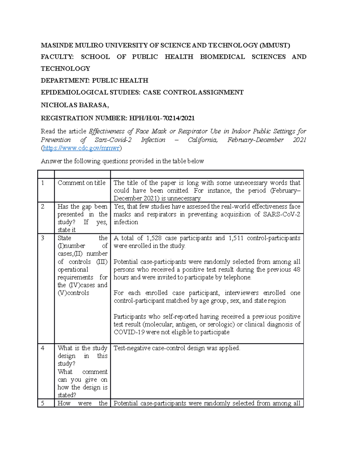 CASE Control Assignment Nicholas Barasa - MASINDE MULIRO UNIVERSITY OF ...