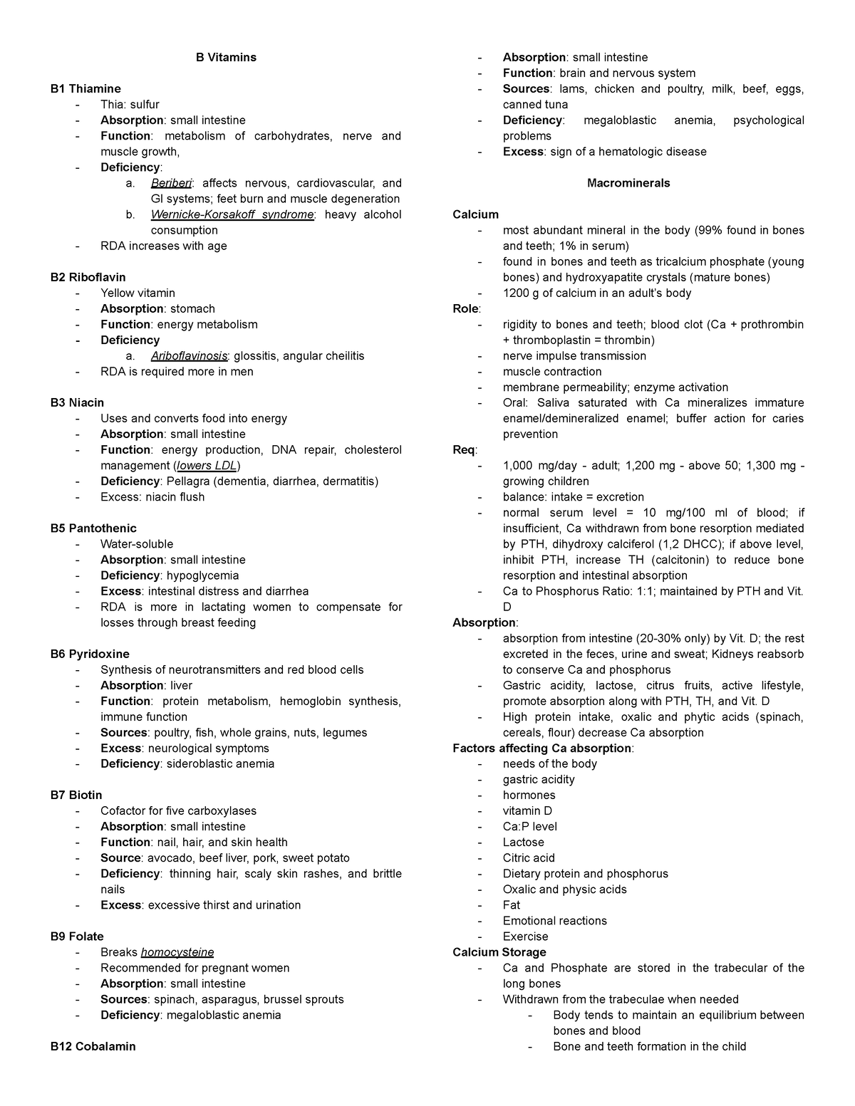 DNU Midterms - B Vitamins B1 Thiamine - Thia: Sulfur - Absorption ...