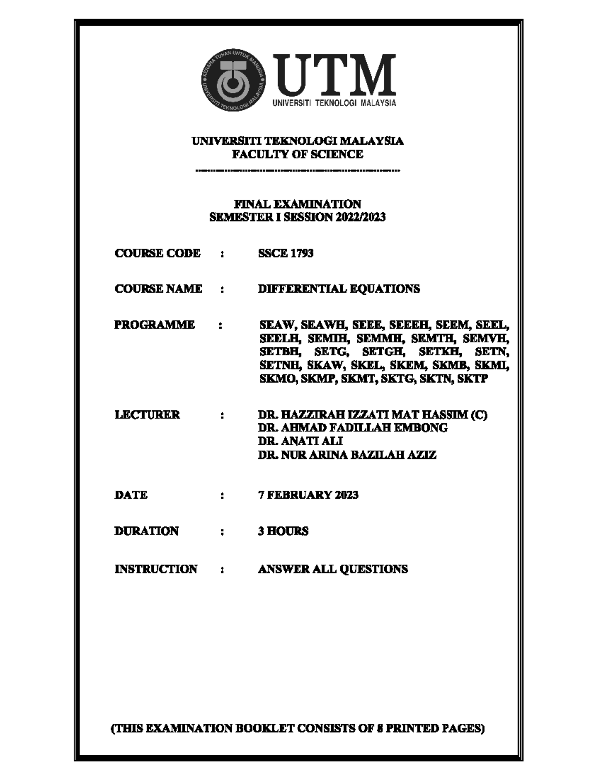 Final EXAM SEM 1 20222023 - Differential Equations - Studocu